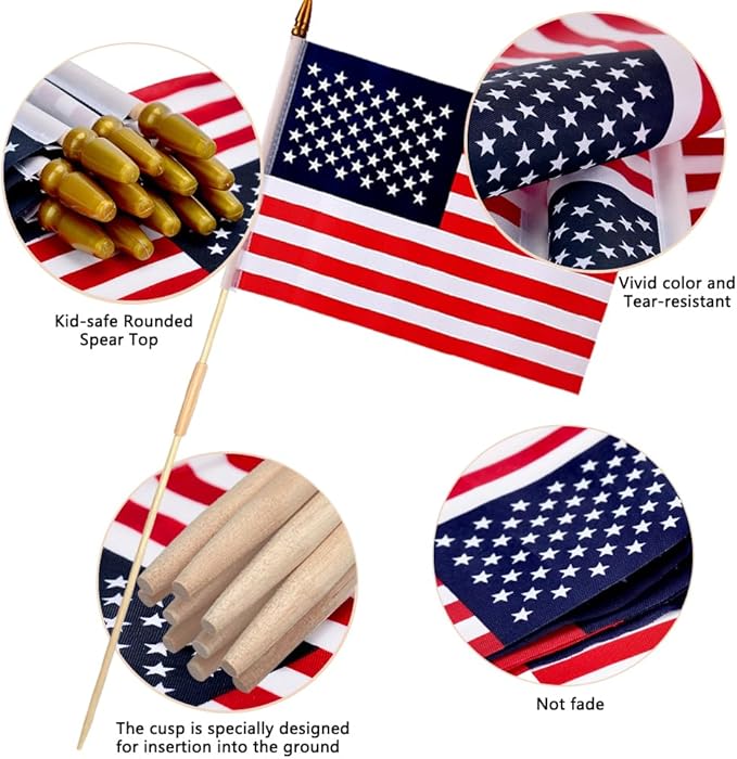 12x18 Inch 12Pcs American Flags with Spear Top on Stick, 250 Anniversary USA Flag, American Hand Held Flag for Memorial Day, Fourth of July, Outdoor Decorations