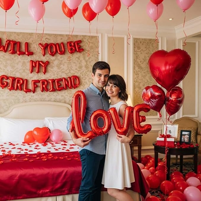 Red 'WILL YOU BE MY GIRLFRIEND' Confession Letter Balloons with red and pink balloons,Heart-Shape, lips, love Foil Balloons and Rose Petals for Romantic Special Night Decorations and Valentines Day