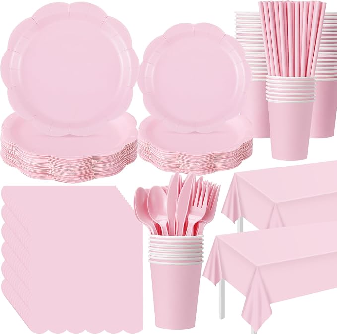 Funnymoom 452 Pcs Pink Party Supplies for 50 Guests, Light Pink Scalloped Paper Plates Napkins Cups Plastic Tablecloth Cutlery Straws for Baby Bridal Shower, Birthday Wedding Party Decoration
