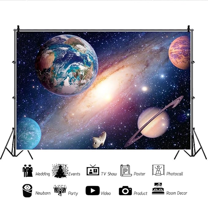 9x6ft Universe Outer Space Theme Backdrop Solar System Universe Galaxy Photography Background Milky Way Science Fiction Photo Studio Props for Children Happy Birthday Party Decor Banner