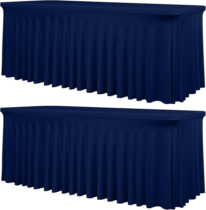 2 Packs Navy Blue Stretch Table Skirts for 6 Foot Rectangle Table, Washable Spandex Stretch Tablecloths with Skirt, Wrinkle Resistant Fitted Tablecover for Wedding Party Banquet