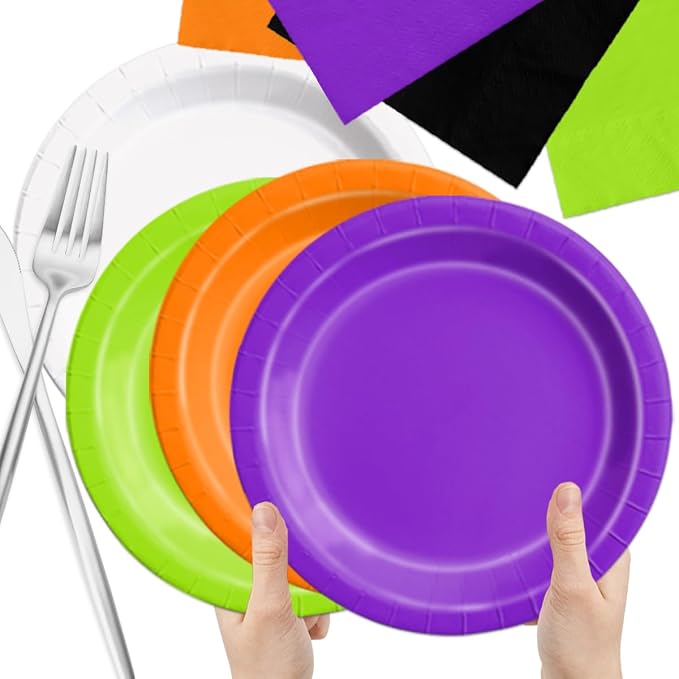 CMUSKO 60pcs Halloween Plates and Napkins - Black Orange Green Purple Tableware for Halloween Birthday Baby Shower Decorations