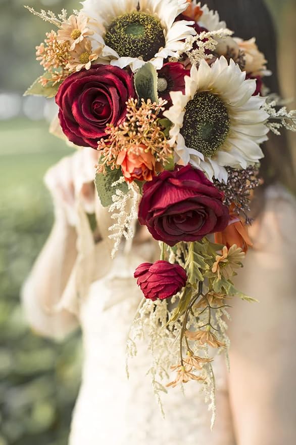 Ansofi 9 Inch Vintage Sunflower Wedding Bouquets for Bride Artificial Burgundy Rose Cascading Bridal Bouquet Burnt Orange Rustic Toss Bouquet for Wedding Ceremony Party Church Decor