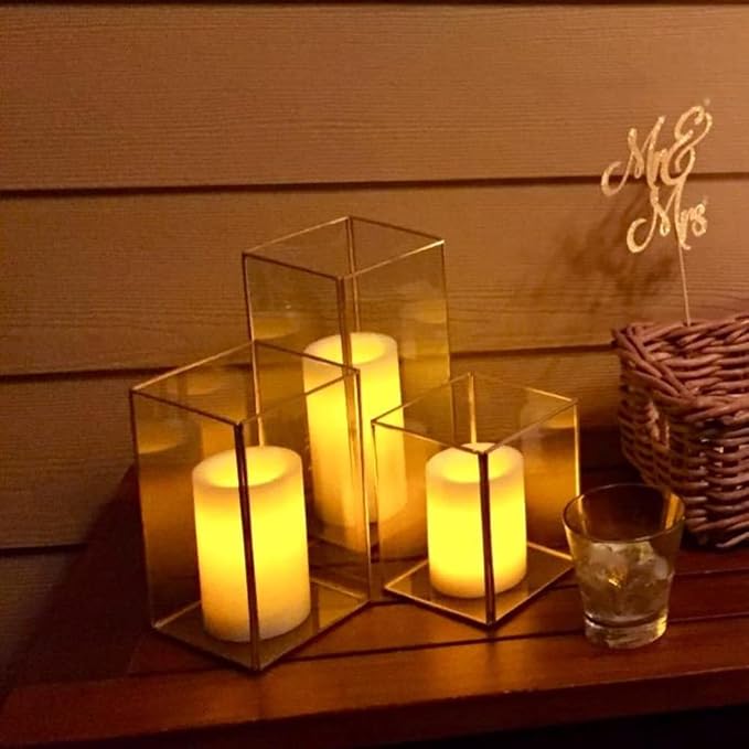 Hewory Glass Hurricane Candle Holder Set of 6, Gold Large Hurricane Centerpiece for Table, Tall Floor Square Pillar Candle Holders Lantern Set for Wedding, Anniversary, Party, Fireplace, Dining Room