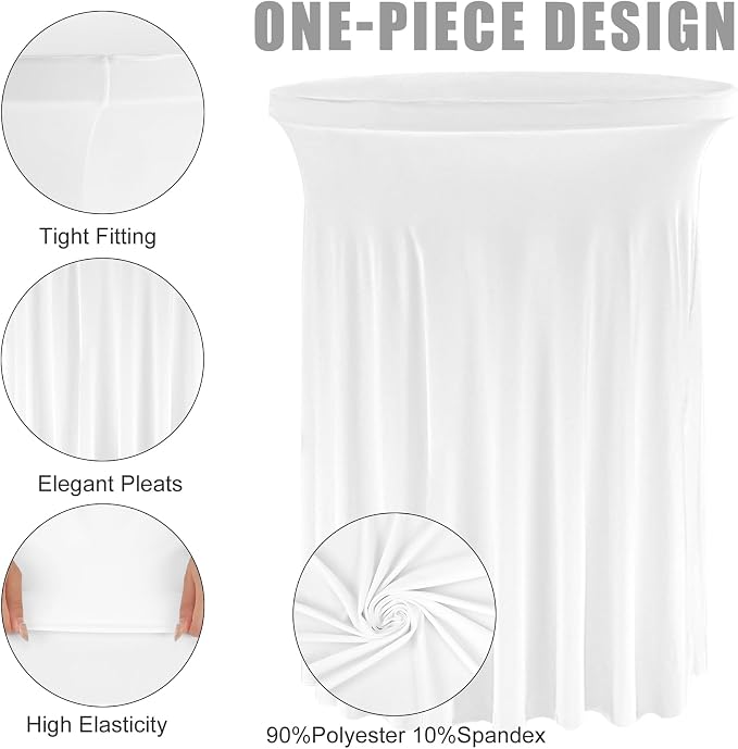 Fivenl 6 Pack Round Cocktail Tablecloth 32"x 43" Spandex Cocktail Table Skirt, Washable Stretch Fitted Table Covers for High Top Bar,Wedding,Party,Events (White)