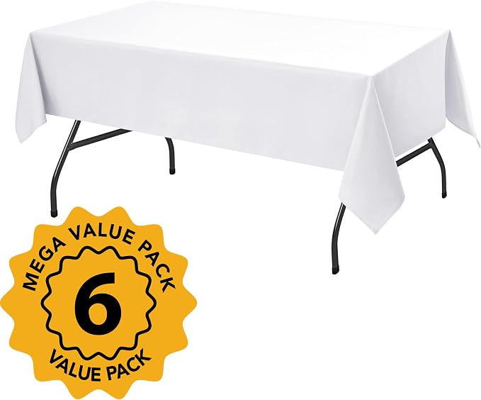 6-Pack White Tablecloths for Rectangle Tables, 60 x 102 Inches, Stain-Resistant Polyester Fabric for 6 Foot Tables - Washable Table Covers for Weddings, Banquets, Birthday, Parties, Events