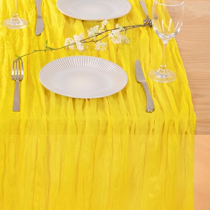 MLMC 3 Pack Yellow Table Runner 10ft Spring Sheer Gauze Cheesecloth Table Runner Cheese Cloth Centerpiece Decororations 35x120 Inches for Wedding Bridal Baby Shower Birthday Party Decor