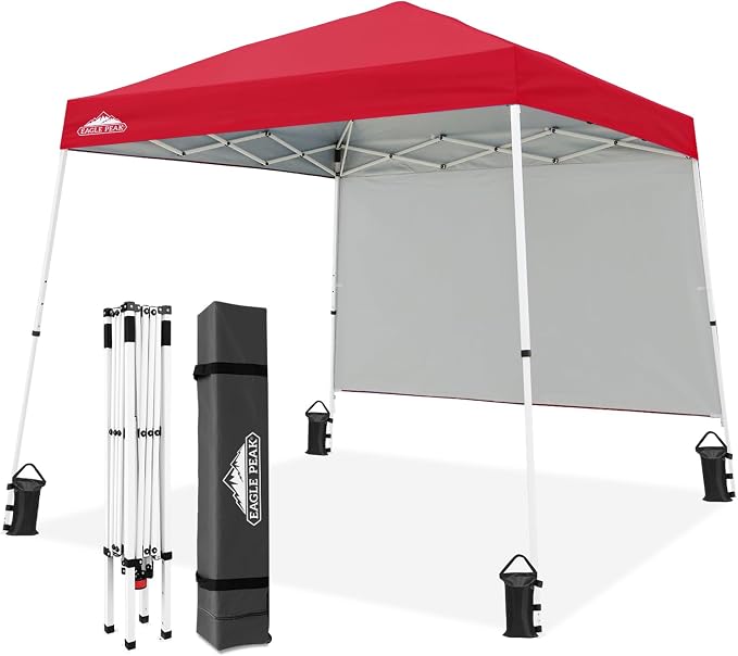 EAGLE PEAK 10x10 Pop Up Canopy Tent with Sidewall, Compact, Portable Slant Leg Instant Sun Shelter for Beach, Sports, & Camping, 10x10 Base 8x8 Top, Red