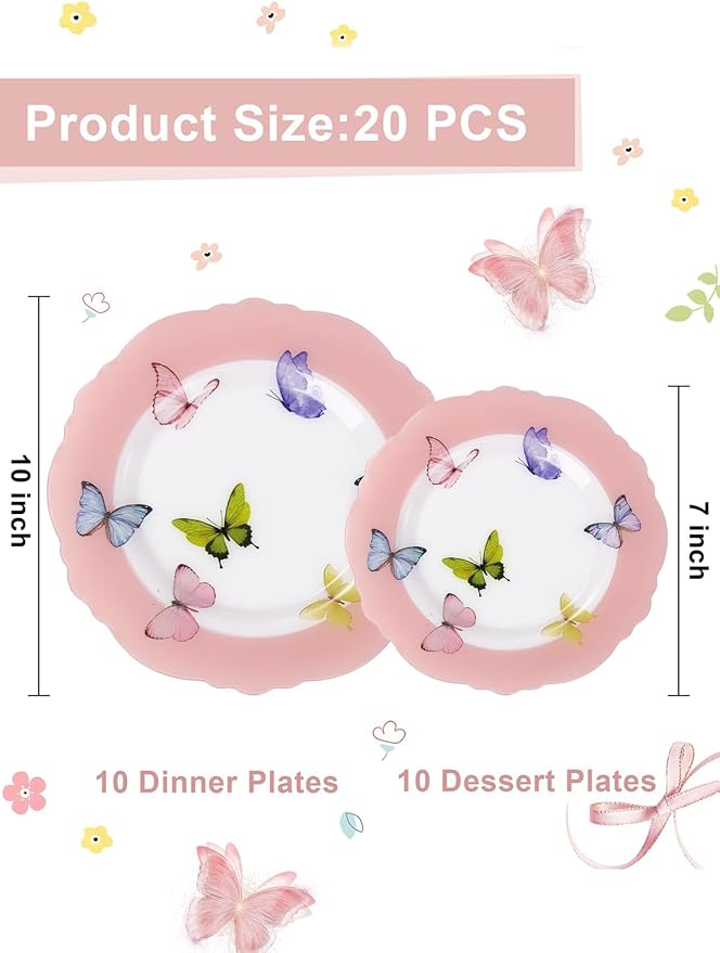 WDF 20PCS Pink Butterfly Plates - Baroque Spring Plates Disposable - Butterfly Party Decorations for Birthdays/Tea Party/Bridal Shower/Mother's Day