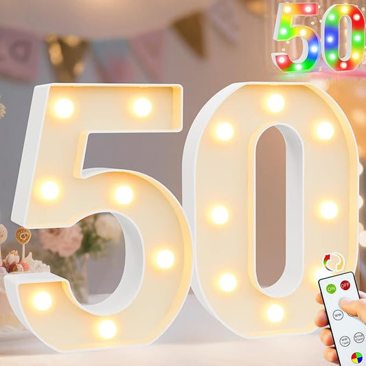 Pooqla 50th Birthday Decoration for Her Him, Decorative LED Light Up Numbers, Marquee Numbers 50 Sign for Party Backdrop 50th Wedding Anniversary Decor Gift, Warm White and Colorful Number 50