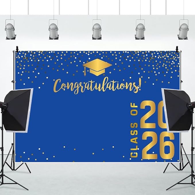 ChloropLastid 6x4ft Congrats Grad Backdrop Blue Gold Class of 2026 Glitter Dots Photography Background Bachelor Cap Graduation Backdrop Banner for Graduation Prom Party Photo Booth Props