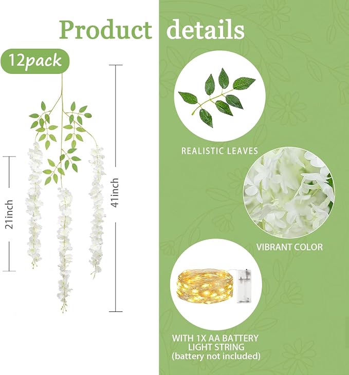 12 Pack Cream Wisteria Hanging Flowers Garland with Lights, 3.44 Feet Artificial Flower Vines, Fake Wisteria, Artificial Vines Hanging Garland for Backdrop Outdoor Patio Garden Decor