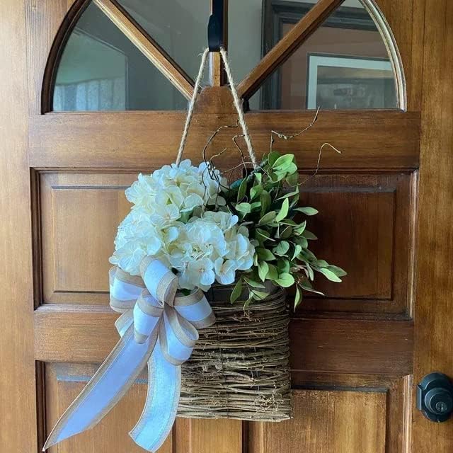Cream Hydrangea Door Hanger Basket Wreath - Farmhouse Spring Wreath with Wildflowers, Mother's Day Decor, Artificial Rattan Hanging Basket for Porch, Wall, Home Decor