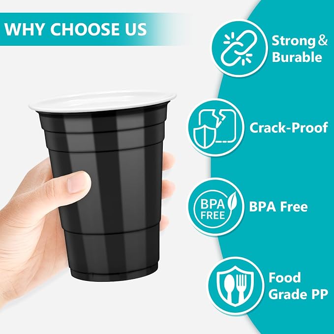 LANLISA 50 Black Plastic Cups, 16 oz Disposable Cups, Drinking Cups For Birthday Party, Graduation, Halloween