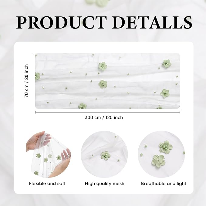 Artoid Mode Sage Green Flower Pearl White Gauze Table Runner 10FT, Seasonal Sheer Dining Holiday Wedding Birthday Baby Shower Table Decor for Home Party
