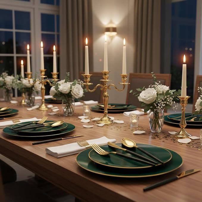 Liacere 150PCS Green Plastic Plates - Gold Plastic Silverware with Green Handle - Heavy Duty Fancy Plastic Plates Disposable Include 30 Guests Plates, Forks, Spoons, Knives for St. Patrick's Day