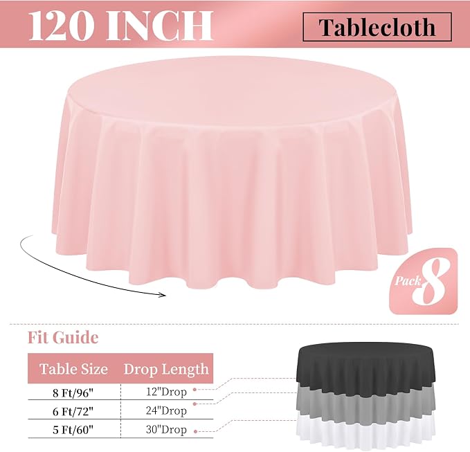 fani 8 Pack Polyester Round Tablecloth 120 Inch Pink Circular Table Cloth, Stain and Wrinkle Resistant Washable Round Table Cover for Wedding Party Kitchen Dining Table Buffet Parties Camping