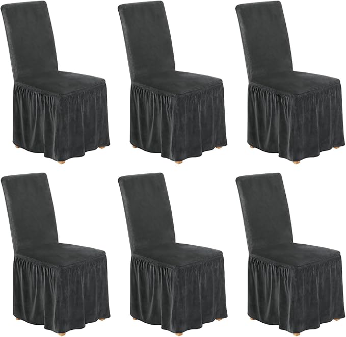 NICEEC Spandex Chair Covers for Dining Chairs Covers Set of 6 Removable Dining Room Chair Covers with Skirt Parson Chair Slipcovers Washable Chair Protector for Kitchen Wedding Party Banquet(Grey)
