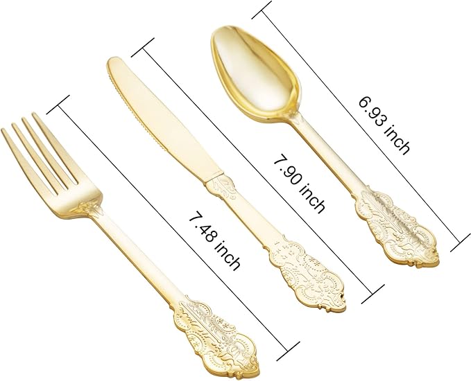 bUCLA 600 Pieces Gold Plastic Silverware - Plastic Gold Utensils - Heavyweight Disposable Cutlery - 200 Forks, 200 Spoons, 200 Knives for Party & Wedding