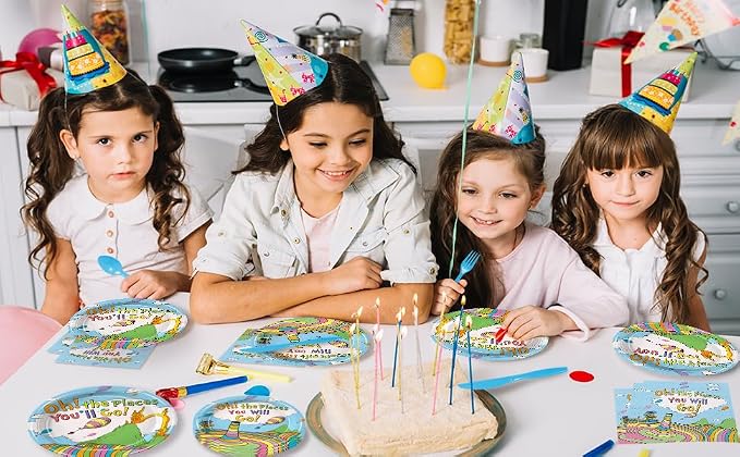 168Pcs Oh the Places You'll Go Party Decoration Kindergarten Graduation Party Tableware Sets Paper Plates Napkins Cups Spoons Knives Forks for 24 Guests