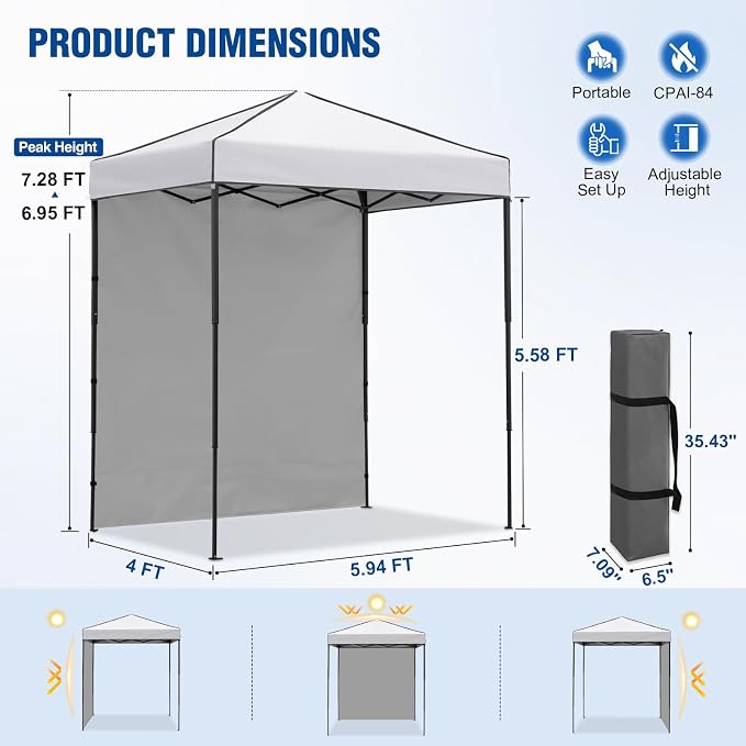 6x4 Pop Up Canopy Tent with One Wall Panel, Instant Portable Beach Canopy, Outdoor Tent with Carry Bag for Camping, Sports, Tailgating, Events, White