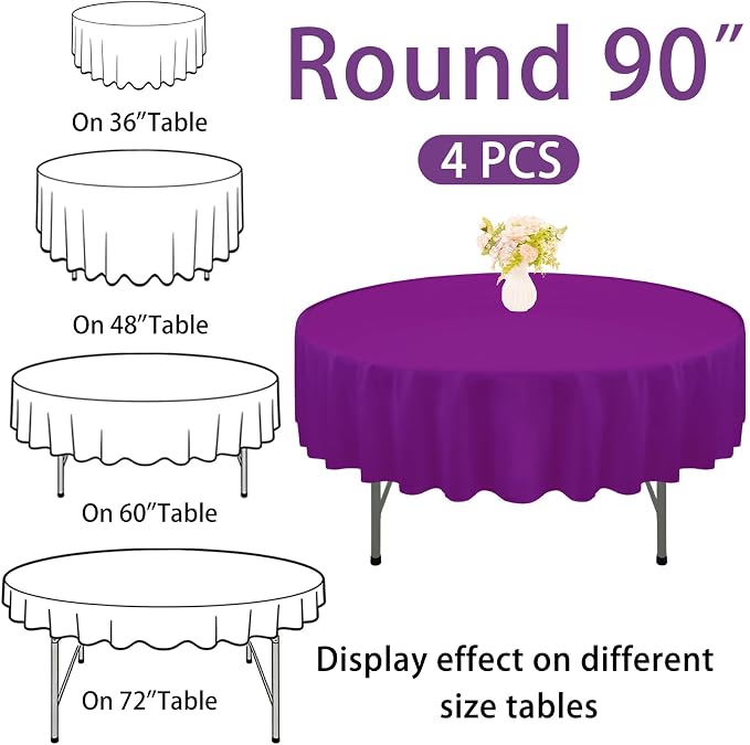 4 Pack Round Tablecloth 90 Inch Purple Polyester Washable Fabric Table Covers for Wedding Dining Table Buffet Parties Banquet Decor