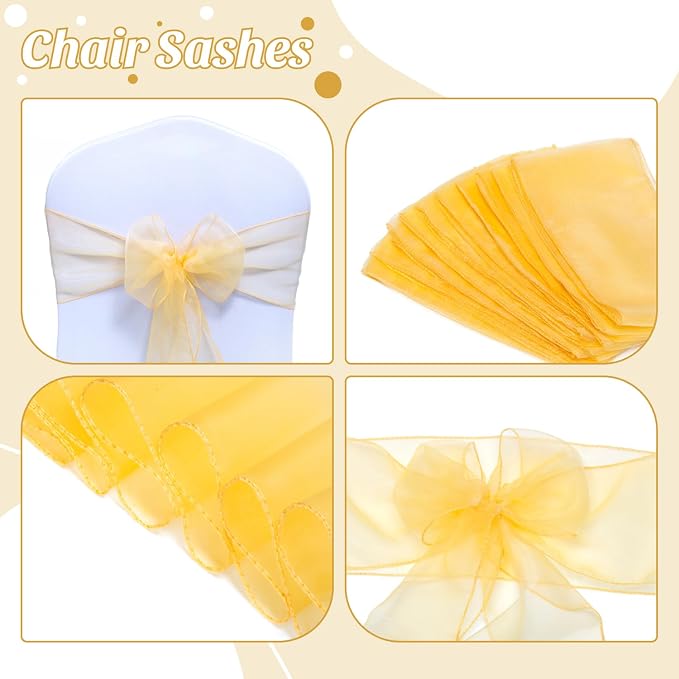 MDS® Pack of 200 Organza Chair Sashes for Wedding Decoration, Reusable Sheer Chair Bows for Banquet Chair Cover, Reception, Bridal Shower, Baby Shower, Birthday Party & Special Events - Gold