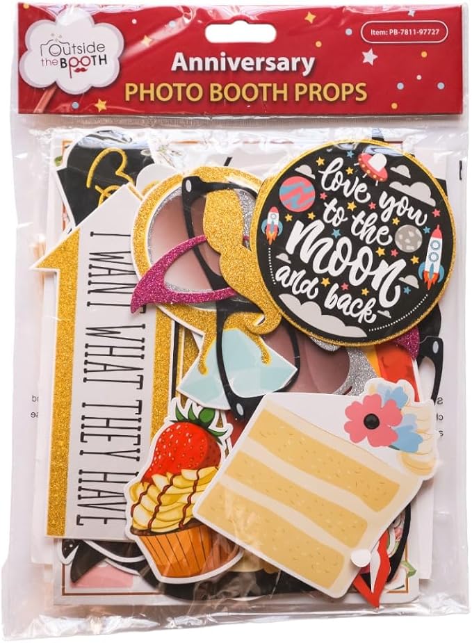 Anniversary Photo Booth Props - 41-pc Photobooth Kit with 8 x 10-Inch Sign, 60 Adhesive Pads, 45 Sticks - Wedding Anniversary Photo Props - Wedding Photo Booth Props