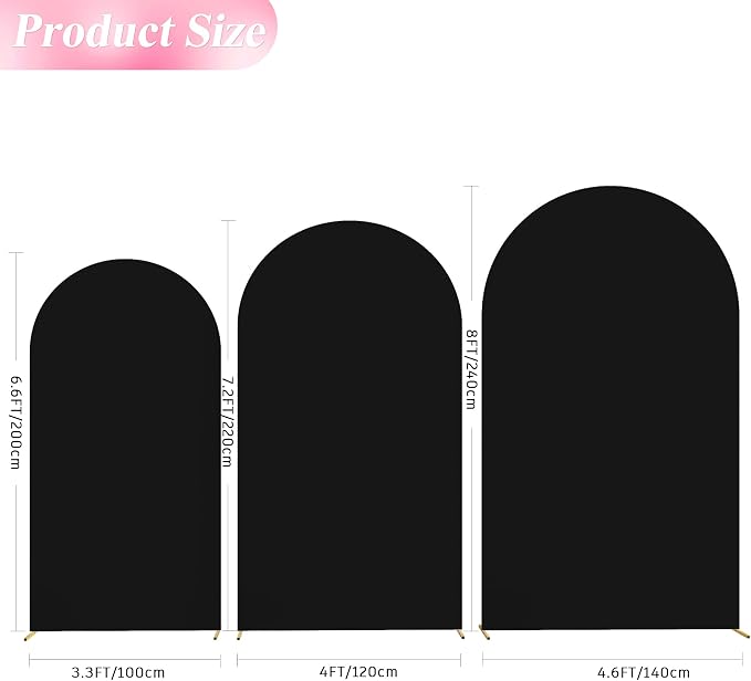 Wokceer Wedding Arch Cover (8FT, 7.2FT, 6.6FT) Set of 3 Spandex Fitted Wedding Arch Stand Covers Round Top Chiara Arch Backdrop Stands Cover for Birthday Party Ceremony Banquet Decor Black