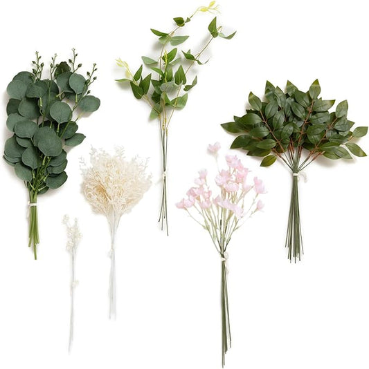 Ling's moment Artificial Greenery Stems Box Set, 42pcs with 6 Kinds of Faux Greenery Picks for DIY Bridal Bouquets Wedding Floral Arrangement Table Centerpieces, Green & Pink