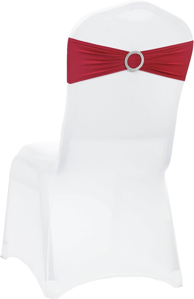 VDS - Apple Red | Spandex Chair Sashes Bows | 100 PCS | Stretch Elastic Banquet Universal Folding Chair Band Tie with Silver Buckle Slider for Wedding Party Conference Celebration Event Decoration