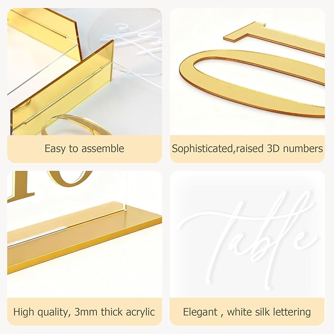 Arch Wedding Table Numbers 1-20 with Stands,5 x 8 Inch Transparent Acrylic Reception Table Signs Golden Letters,Perfect for Wedding Receptions, Parties, Anniversaries, and Events