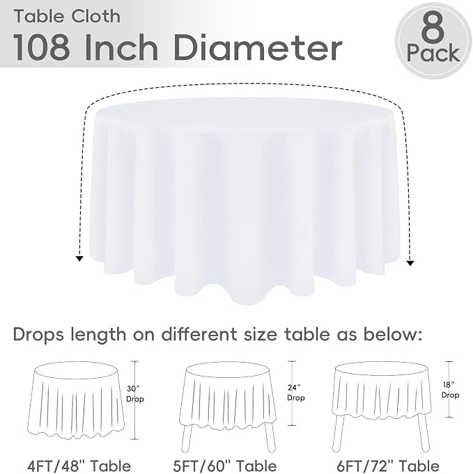 8 Pack Round Tablecloth 108 Inch White Table Cloth for Round Tables, Washable Polyester Tablecloth Stain and Wrinkle Resistant Decorative Table Cover for Wedding Party Dining Banquet