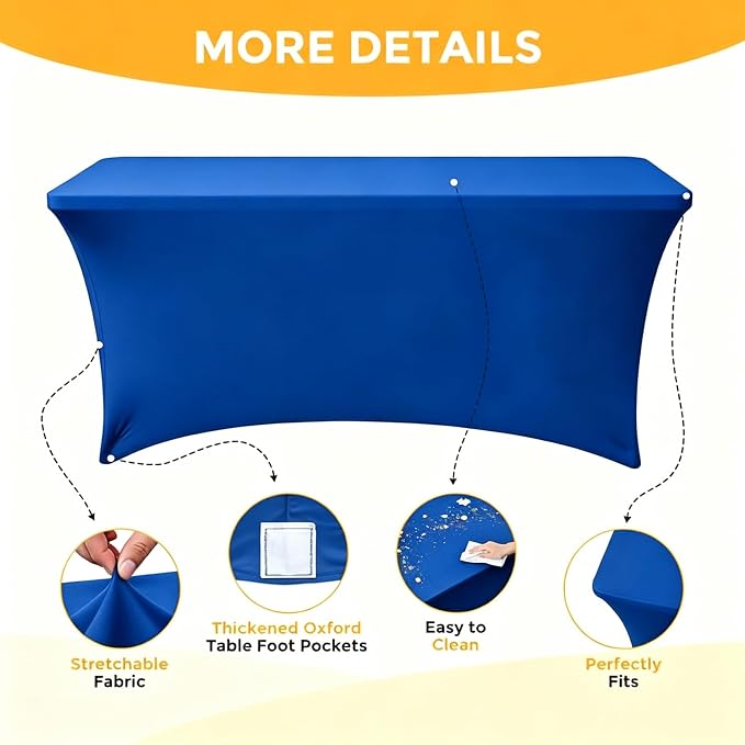 Spandex Tablecloth 10 Pack, 8FT Royal Blue Fitted Table Covers for 96 x 30 in Rectangle Tables, Washable Stretch Table Cloths for Trade Shows, Weddings, Parties & Banquets
