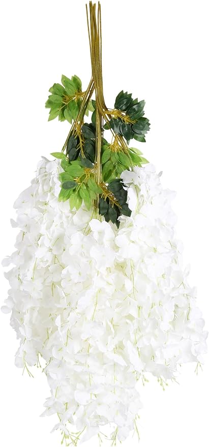 12pcs Wisteria Hanging Flowers 3.6ft Wisteria Artificial Flowers Vines White Silk Long Flowers Garland Fake Flower Ratta String for Wedding Arch Home Party Wall Backdrop Decorations (White)