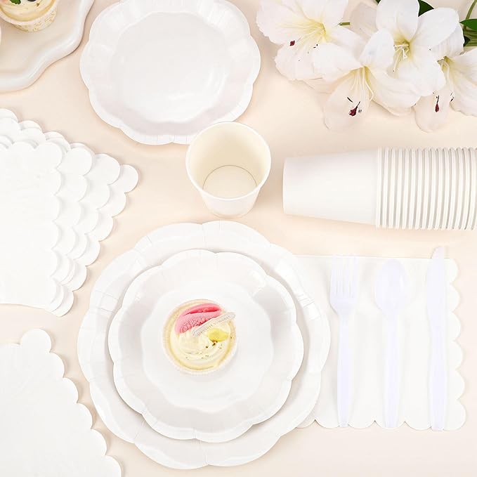 NatNarr 175 Pcs White Plates and Napkins Set, 25 Guest White Party Supplies Include Scalloped Plate Paper Napkin Cup Forks Knives Disposable Plastic Cutlery for Wedding Baby Shower Birthday Party