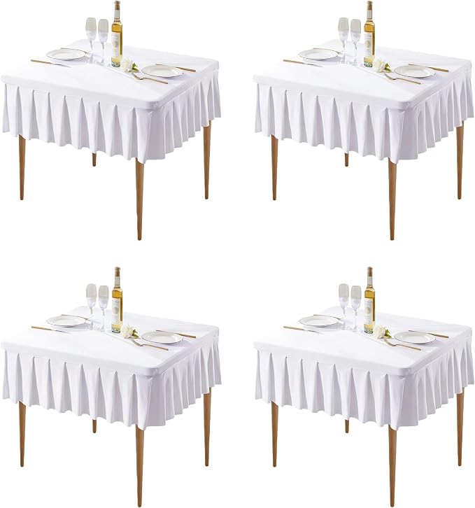 Wish Care 4 Pack White Spandex Tablecloths for 34x34 Inch Square Tables, Stretch Fitted Table Clothes with Pleated Ruffle Skirt for 34” Table, Wrinkle Free and Elastic, for Party Kitchen Home Dining