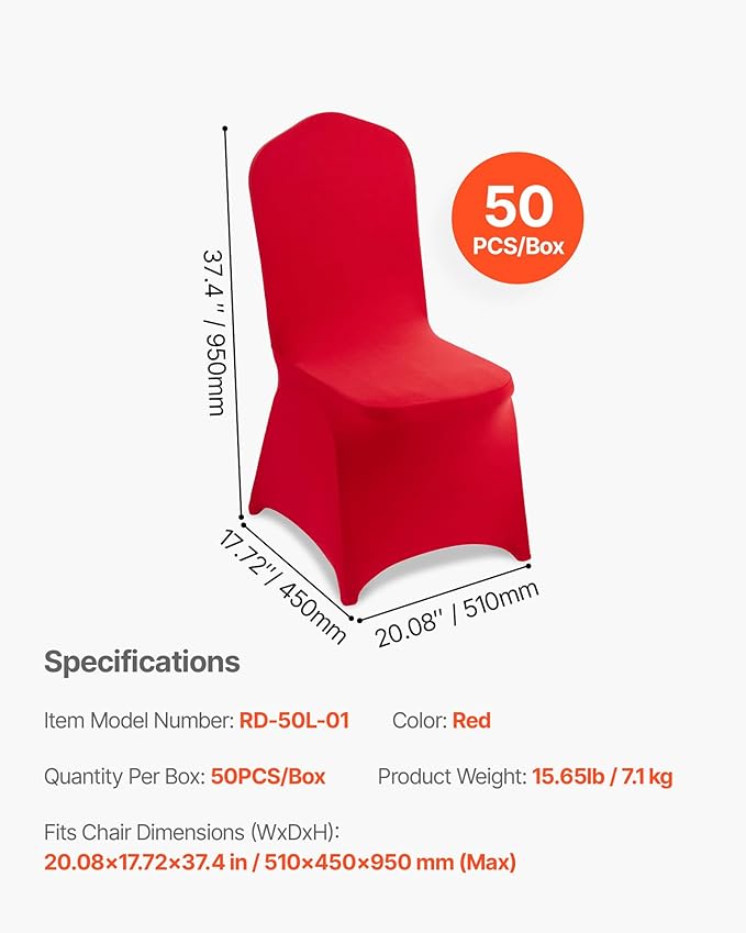 VEVOR Chair Covers, Polyester Spandex Chair Cover, Stretch Slipcovers for Wedding Party Dining Banquet Flat-Front Chair Covers (Red-a, 50PCS)