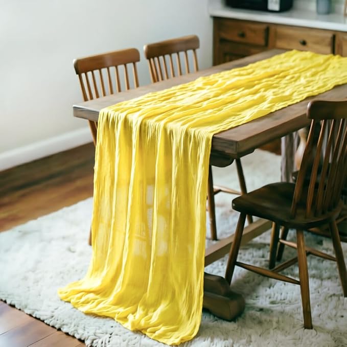 LINXTAR Yellow Cheesecloth Table Runner 160 Inches 14Ft Gauze Summer Boho Table Runner for Wedding Tea Party Baby Shower Bridal Birthday Home Decoration