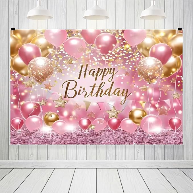 Leowefowa Pink and Balloons Gold Glitter Happy Birthday Theme Photo Backdrops 16x7ft Vinyl Girl Sweet Princess Birthday Party Decor Cake Table Supplies Photography Background Photo Booth Props