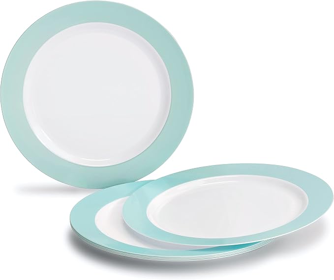 OCCASIONS 50 Piece Heavy Duty Disposable Plastic Plates Set for 25 Guests – 10.5" Dinner & 7.5" Dessert Plates, Premium Party Plates for Weddings, Events, Parties – Rio, White & Pearled Turquoise Blue