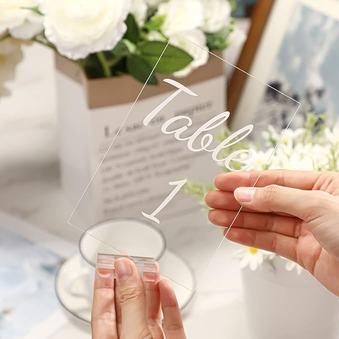 Tuanse 40 Pack White 4 x 6 Inch Acrylic Wedding Table Number 1-40 Clear Wedding Table Stand with Numbers Calligraphy Holders Signs for Reception Centerpieces Decorations