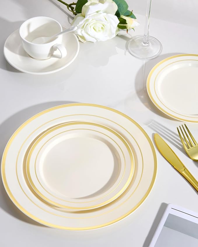 Goodluck 200 PCS Ivory and Gold Plastic Plates, Heavy Duty Disposable Ivory Plates with 100 10.25 inch Dinner Plates and 100 7.5 inch Dessert Plates for Party, Holiday, Wedding