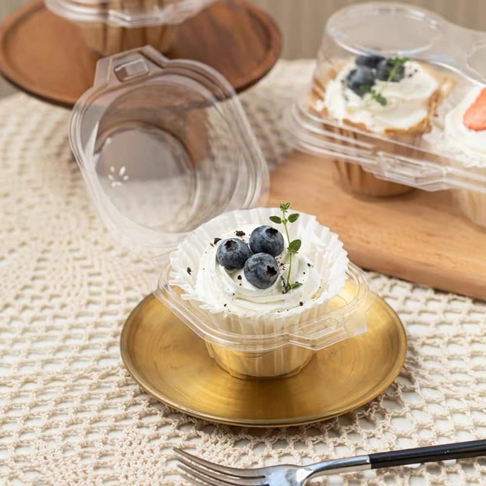 100 Pcs Cupcake Boxes Plastic Individual Cupcake Containers Single Cupcake Carrier with Connected Airtight Dome Lid for Party