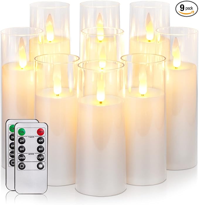 Homemory Pure White Acrylic Flameless Candles, LED Candles, Battery Operated Candles with Remote Control and Timer, Fake Electric Candle, Wedding, Home Decor, Set of 9