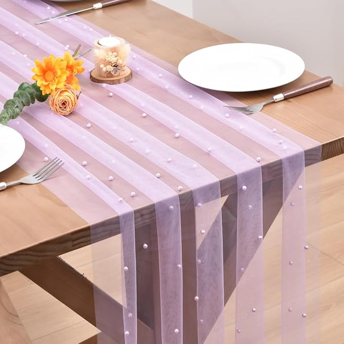 Lilac Pearl Table Runner Boho Rustic Tulle Lace Dining Baby Shower Wedding Arch Decor Veil Dessert Holiday Centerpiece Table Decor 3pcs