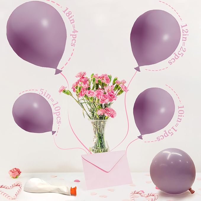 Double Stuffed Pink Purple Balloon Arch,Balloons Different Sizes18/12/10/5 Inch Pastel Double Pink Balloons Garland for Boho Party, Baby Shower,Birthday, Weddings(Pink Purple)