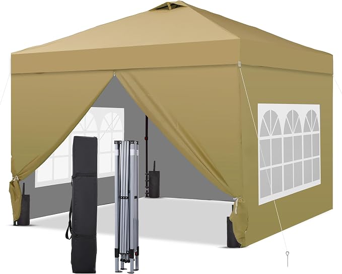 GDY 10'x10' Pop Up Canopy Tent, Portable Gazebo, Easy Up Outdoor Canopy for Events, Parties, Camping, Brown.