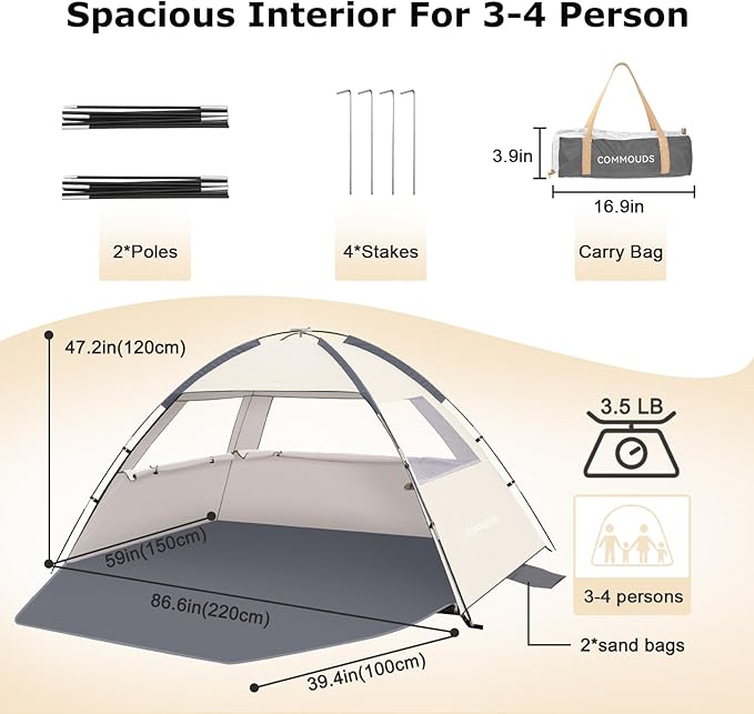 COMMOUDS Beach Tent Sun Shelter for 3/4/6/8 Person, UPF 50+ UV Protection Beach Shade Canopy Tent, Lightweight, Easy Set Up and Carry