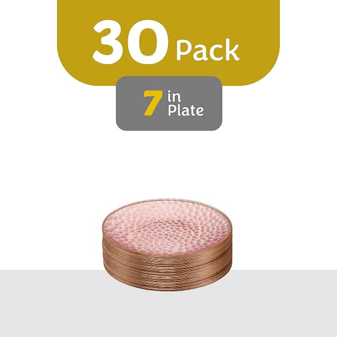 PLASTICPRO 30 Pack Hammered Plastic Plates Heavyweight Disposable Plastic Plates Elegant Clear Rim Platsic Party Dishes (Hammered Pink With Gold Rim, 7'' INCH PLATES)